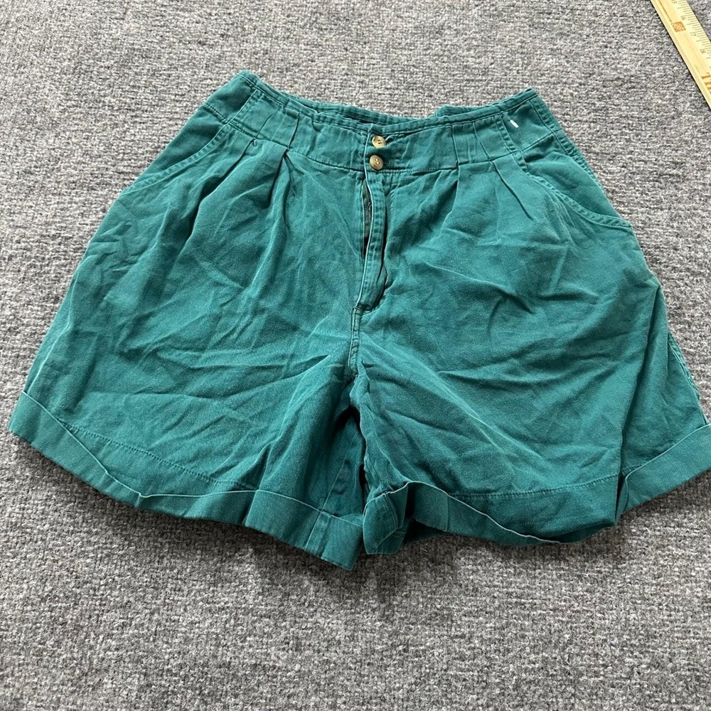 Vintage Shorts Womens Size 10 Teal Pleated High Waisted Cuffed Cotton Casual